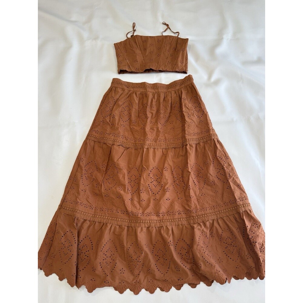 Jason Wu Skirt Set Eyelet Embroidery Midi Skirt Corset Crop Top Rust Sz Large - Picture 2 of 10